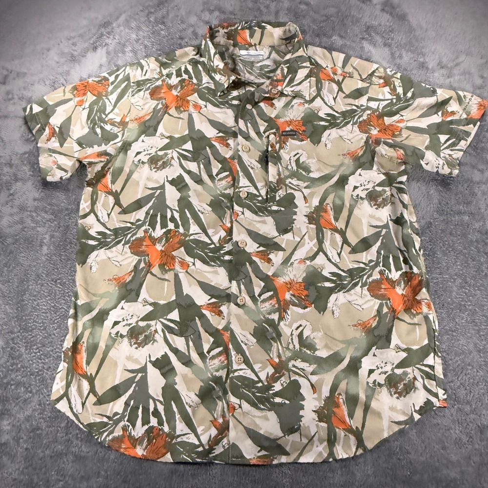 Columbia PFG Mens Large Floral Short Sleeve Button Up Shirt Green Orange AM0938